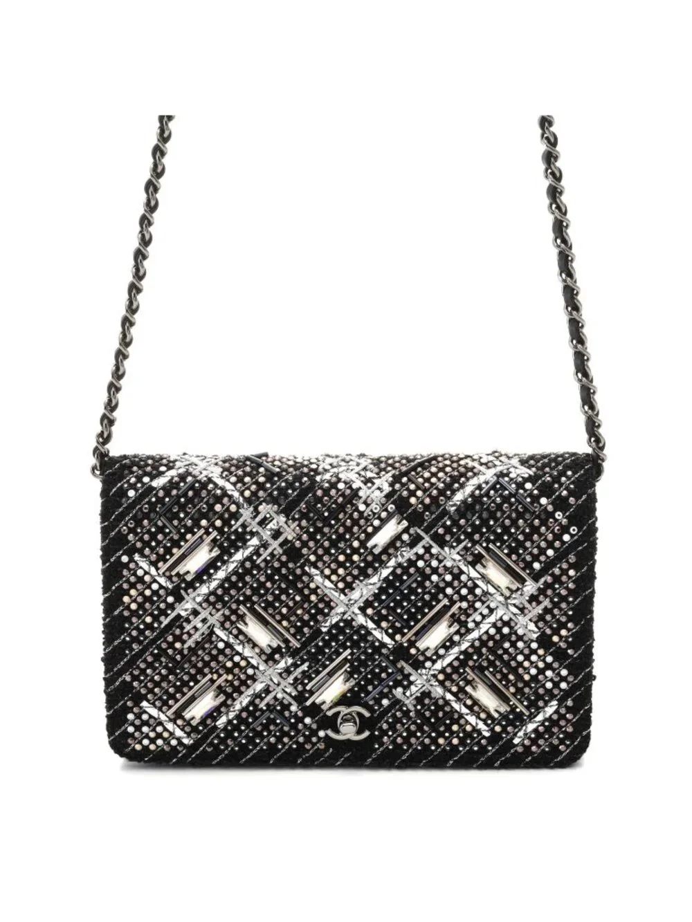 Chanel Chain Wallet Black Silver Tweed Shoulder Bag